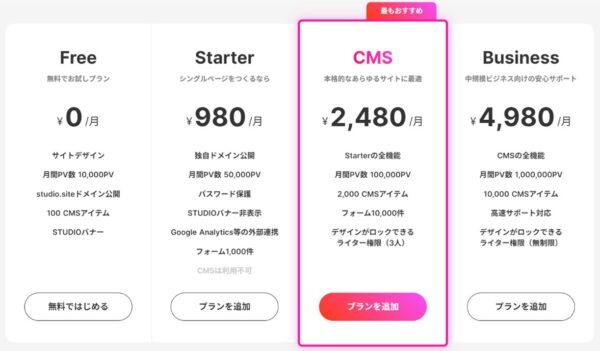 STUDIOのプランと価格